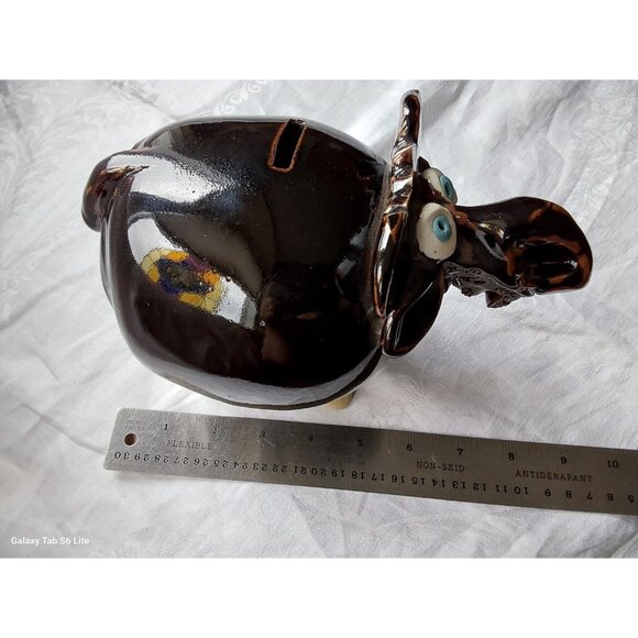Amazing studio pottery moose piggy bank dark brown with blue eyes - Picture 7 of 9